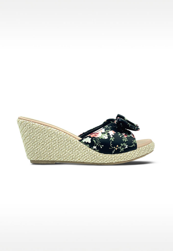 Slip On Printed Floral Fabric Ribbon Wedges