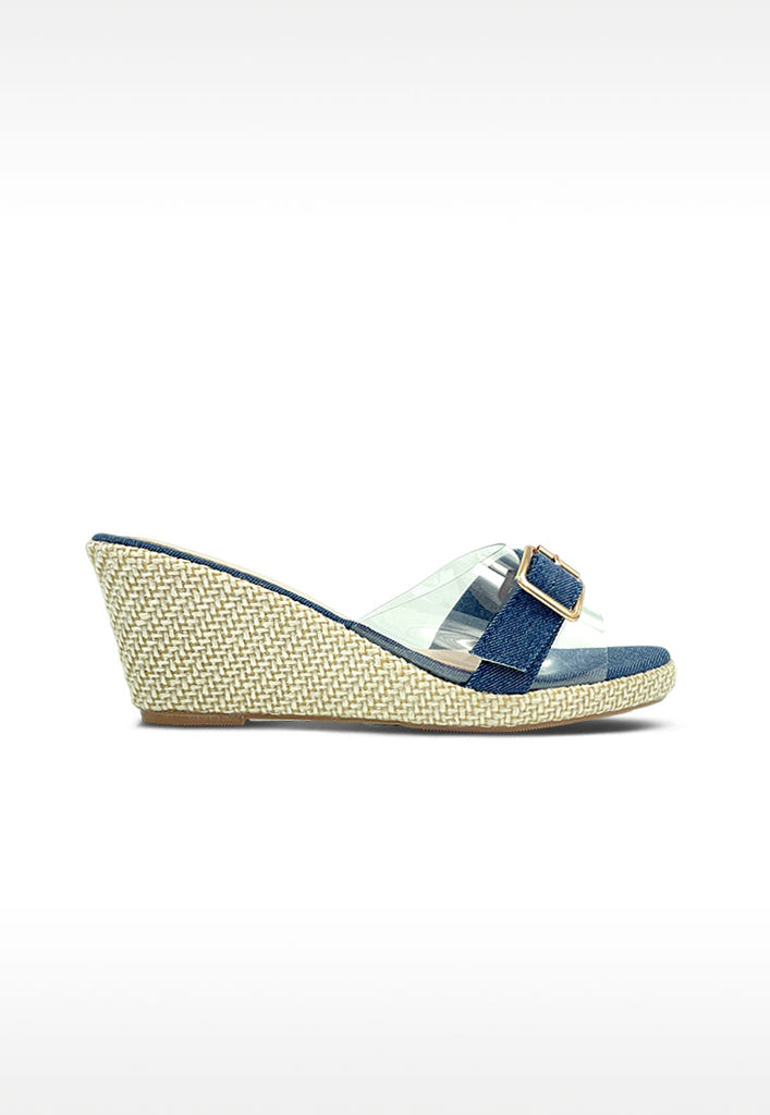 Denim transparent wedges sandals with buckle strap