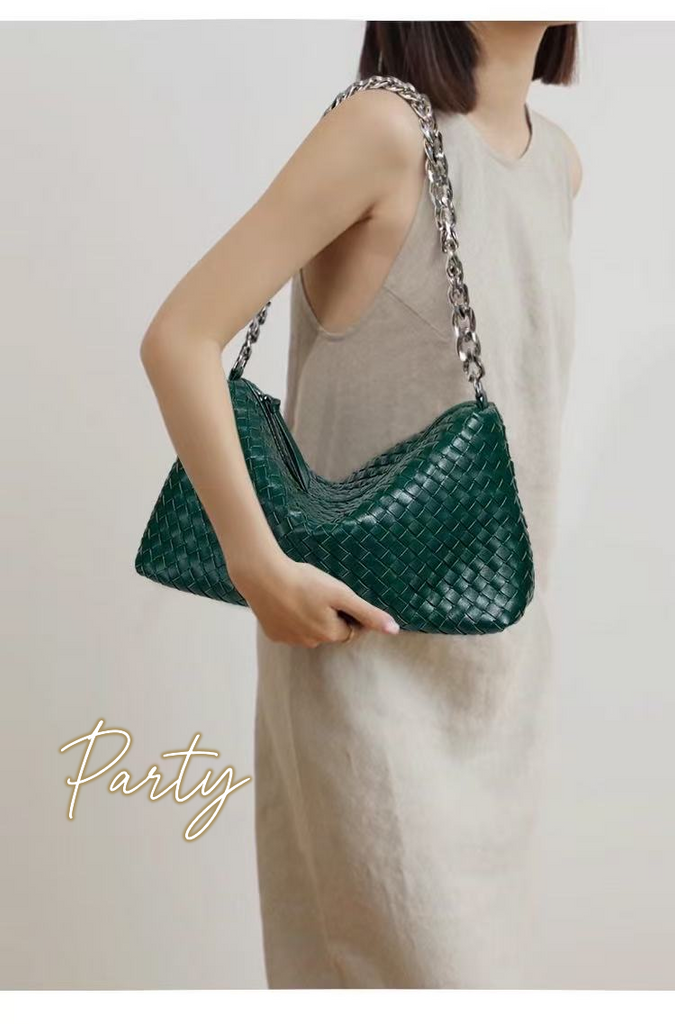 SHINE Chelsea Bag in Woven Leather Material with Silver Chain Strap